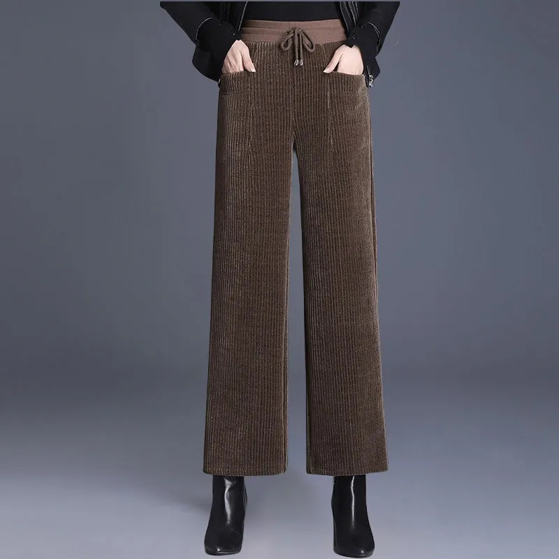 Corduroy Pant Warm - ฤดูใบไม้ร่วงฤดูหนาว Corduroy กางเกงขากว้างผู้หญิงแฟชั่น Elastic High เอวตรงกางเกงอบอุ่นกาแฟสีดํา