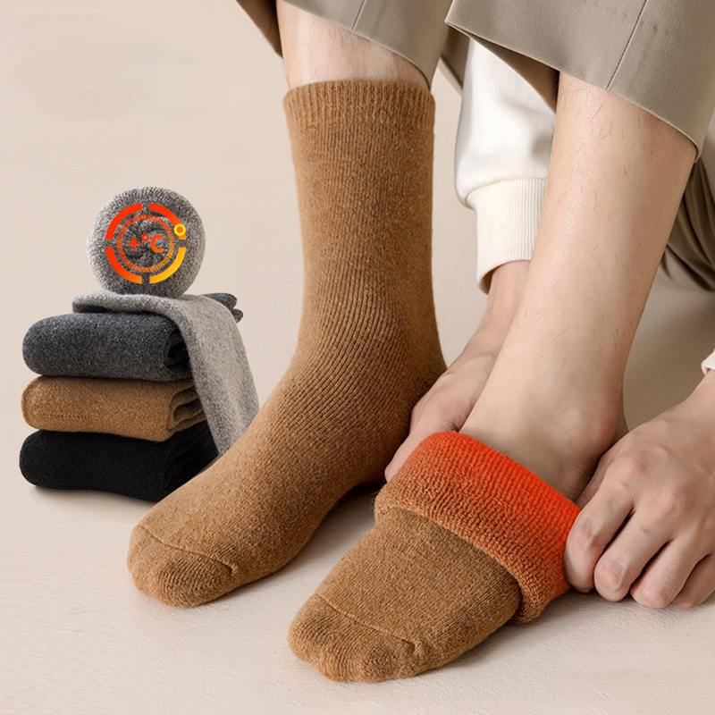 Thermal Sock Wool - ถุงเท้ากันหนาว 2 คู่ ถุงเท้าผู้ชายหนานุ่มพิเศษ สีพื้น ป้องกันความหนาว