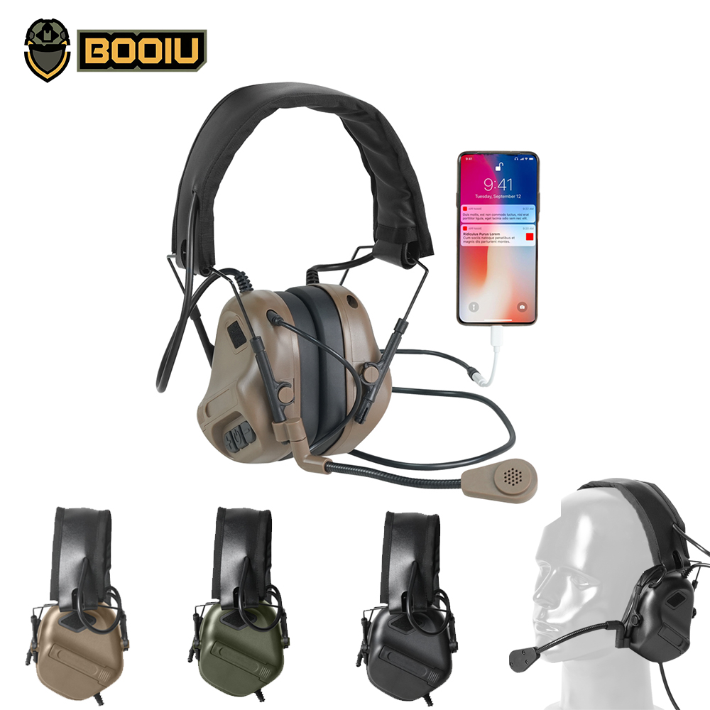 Earmuffs Foldable - BOOIU ยุทธวิธีการถ่ายภาพอิเล็กทรอนิกส์ชุดหูฟัง 3.5 มม.เชื่อมต่อโทรศัพท์หูฟังแบบพับได้ป้องกันหมวกนิรภัย Earmuff