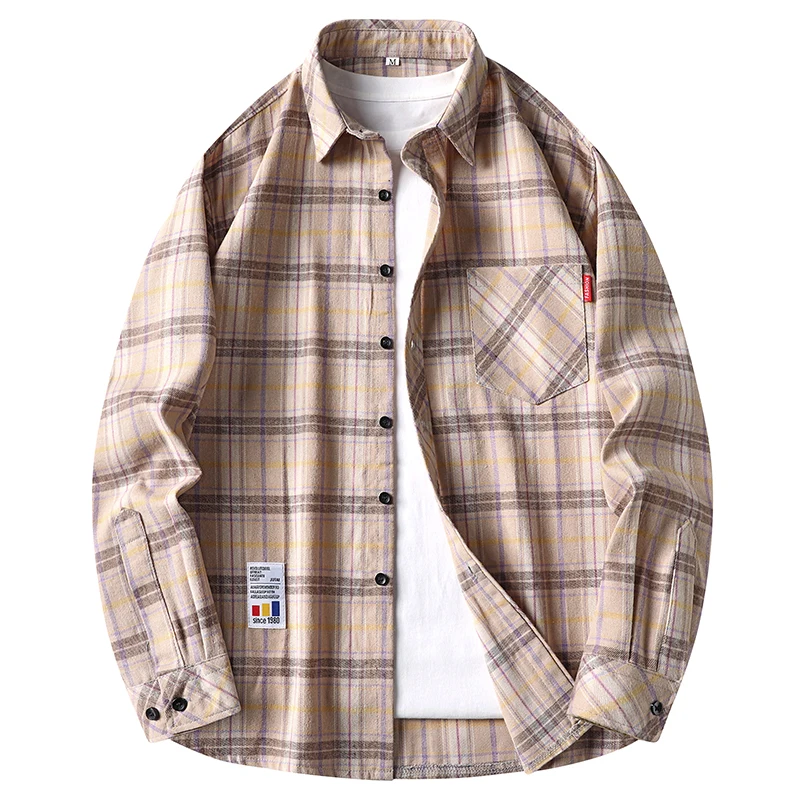 Flannel Shirt Lined - เสื้อเชิ้ตผู้ชายลายตารางลำลอง ผ้าฟลานเนล คอปกพับ มีกระเป๋าหน้าอก ป้ายผ้าขนาดเล็ก แขนยาว